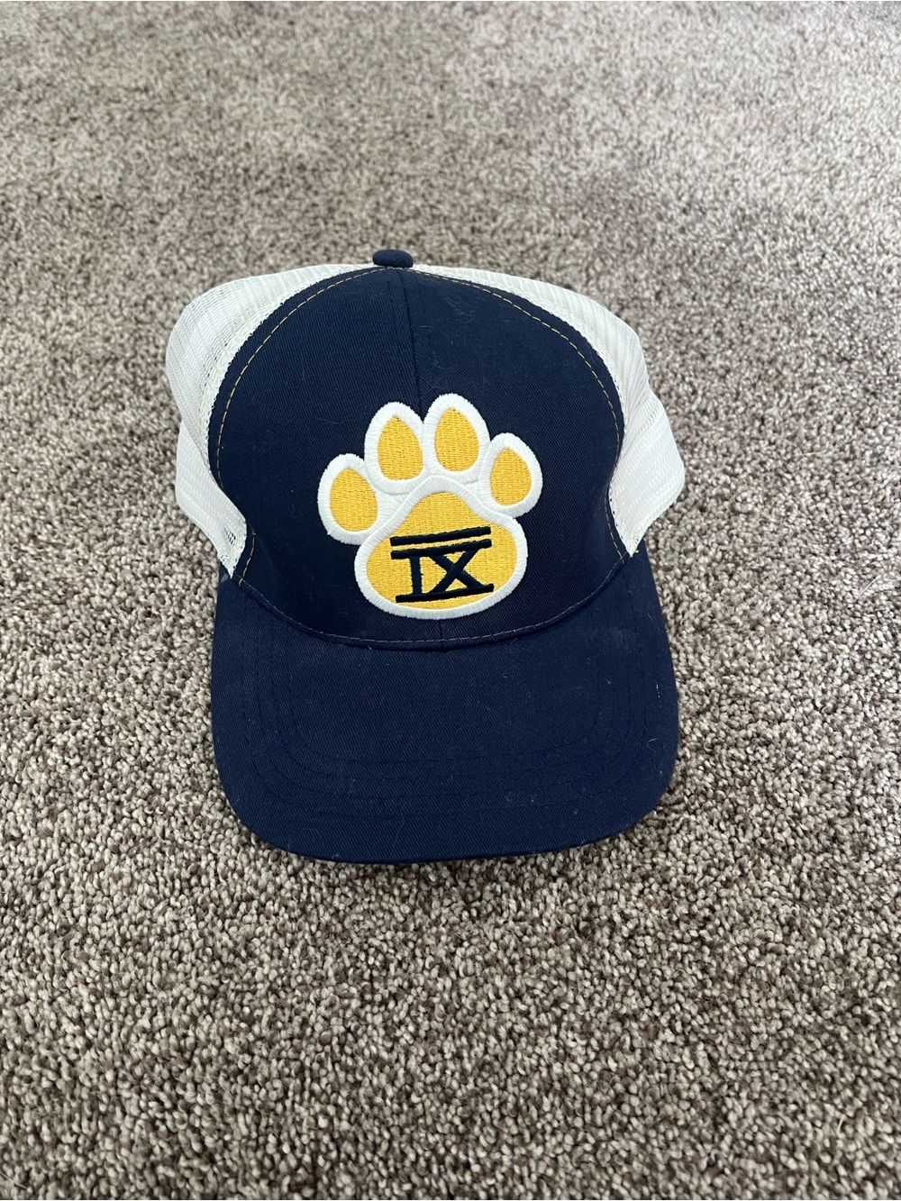 Navy & White Trucker Hat with Yellow Paw Patch - Bar IX Bozeman, MT